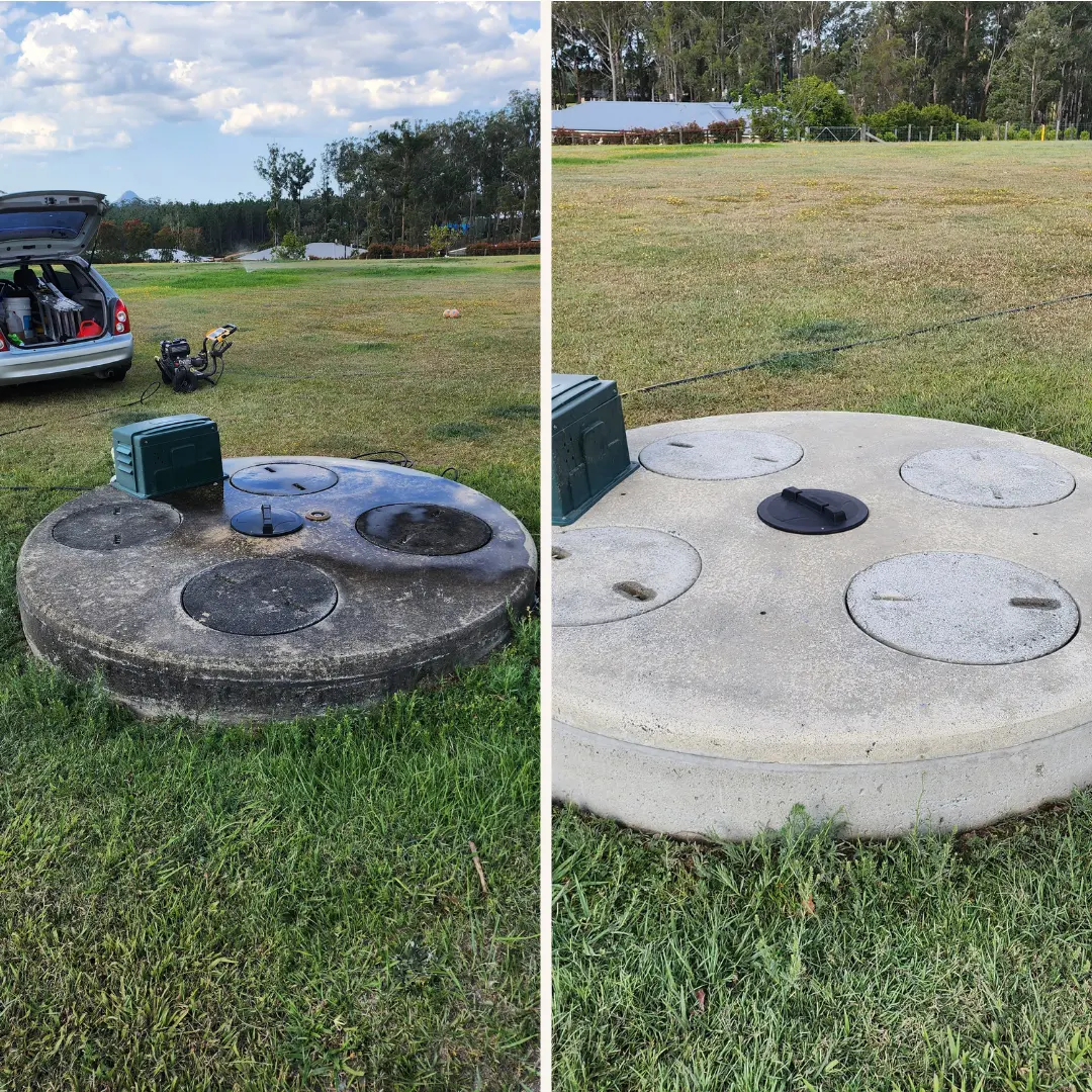 Before and after comparison of a concrete tank lid pressure clean