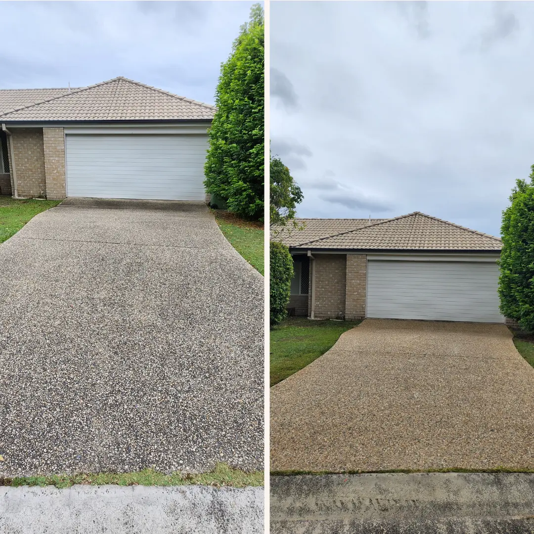 Before and after comparison of Ben's pebblecrete driveway wash