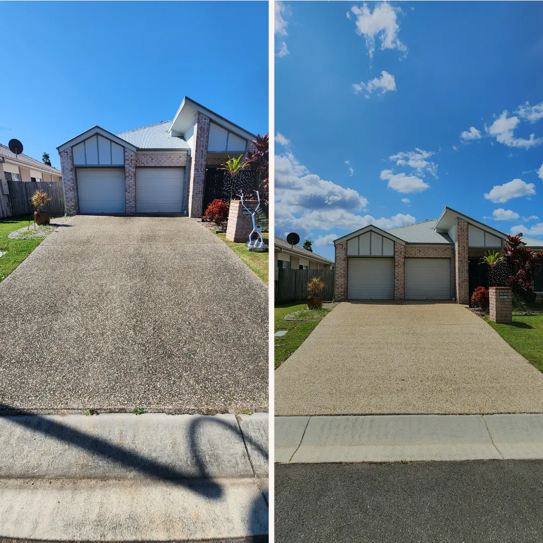 Before and after comparison of a wide residential driveway wash