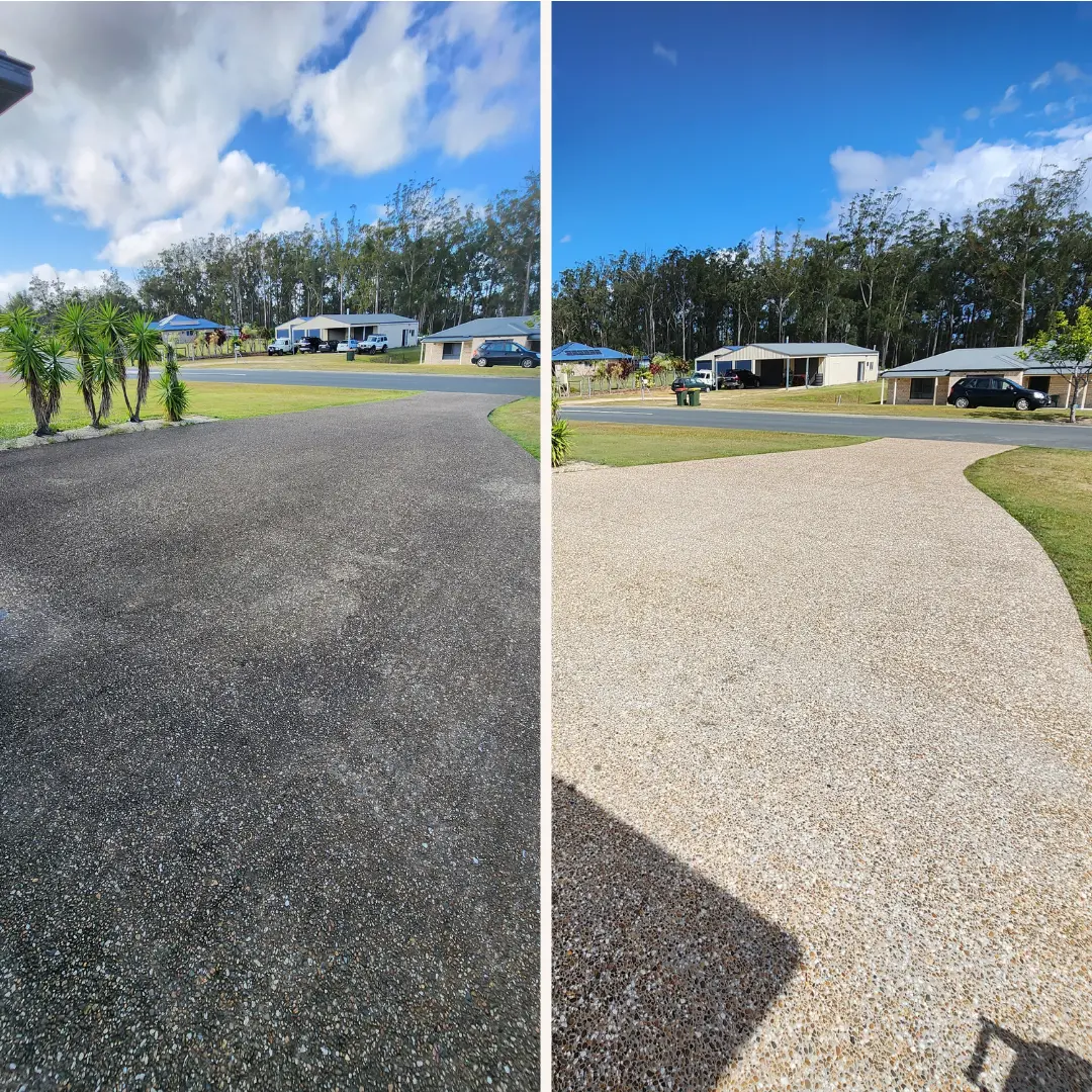 After: Before and after comparison of a cleaned acreage driveway