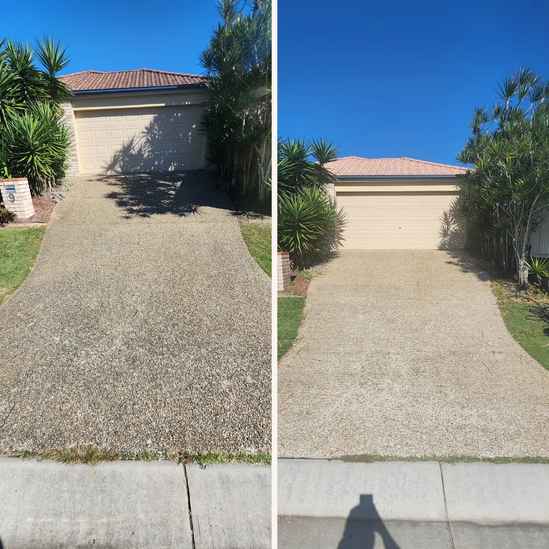 Before and after comparison of a residential pebblecrete driveway clean